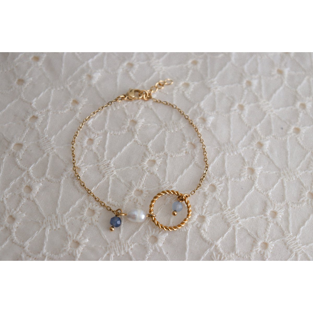 Aquamarijn, Saffier & Parel Armband - Goud