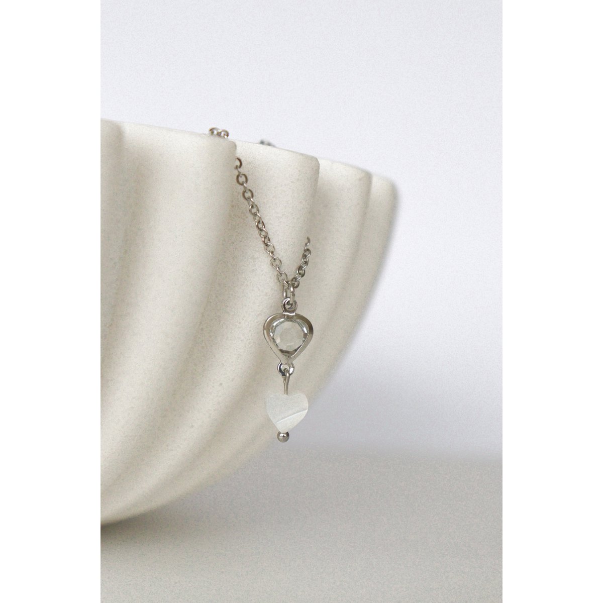 Kristal & Schelp Hart Ketting - Zilver