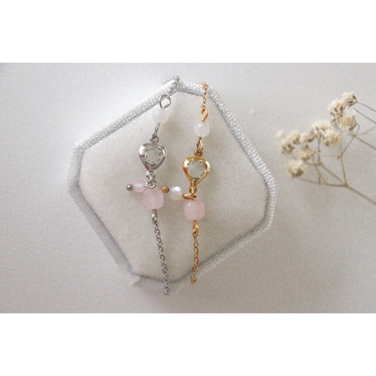 Kristal Hart, Maansteen & Rozenkwarts Armband - Zilver