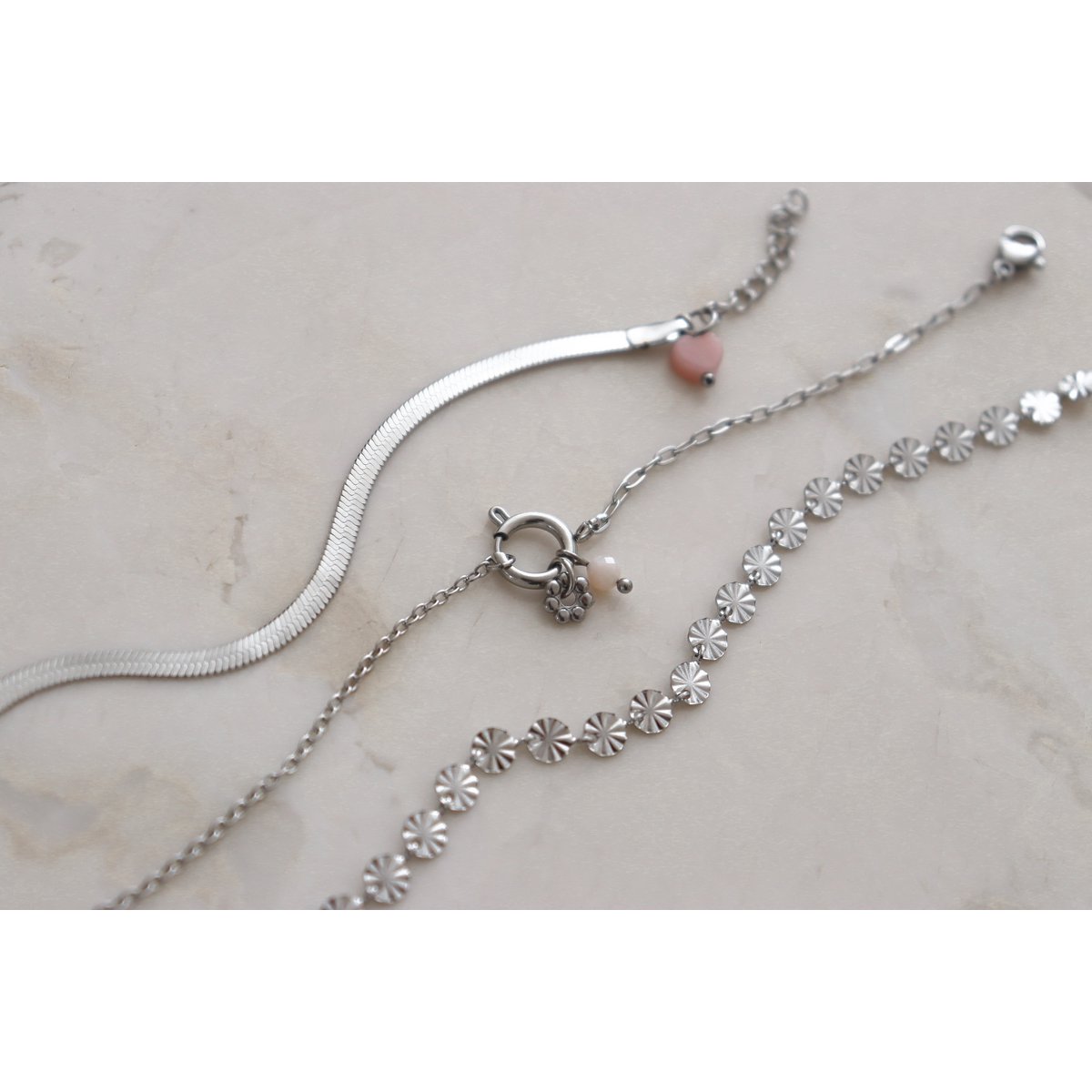 Snake Chain Armbandje & Roze Opaal - Zilver
