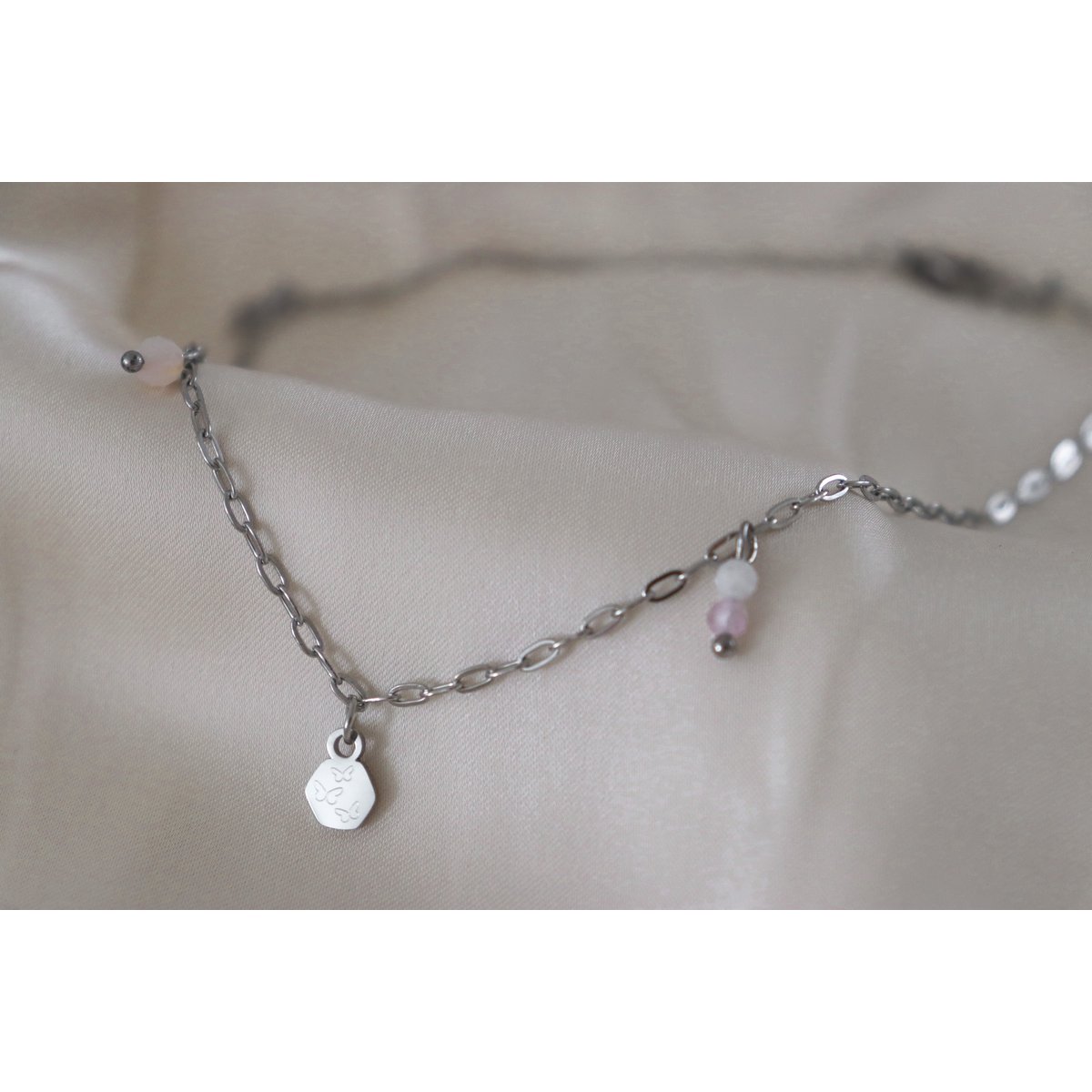 Roze Opaal, Kunziet & Vlindertjes Ketting - Zilver