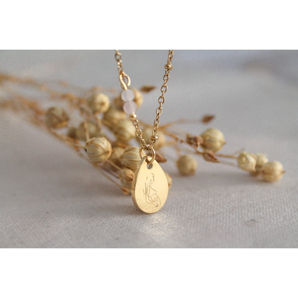 Ketting Zwangere Vrouw & Rozenkwarts - Goud