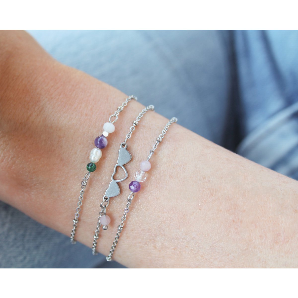 Armband Hartjes & Rozenkwarts - Zilver