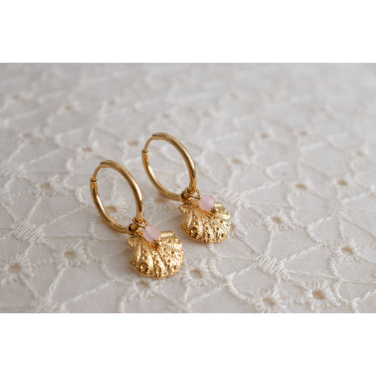 Schelp & Rozenkwarts Oorringen - Goud