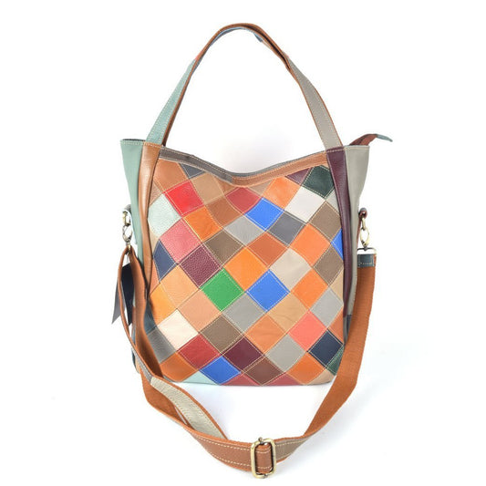 Lederen handtas | Multicolor bloemen geblokt | 552685