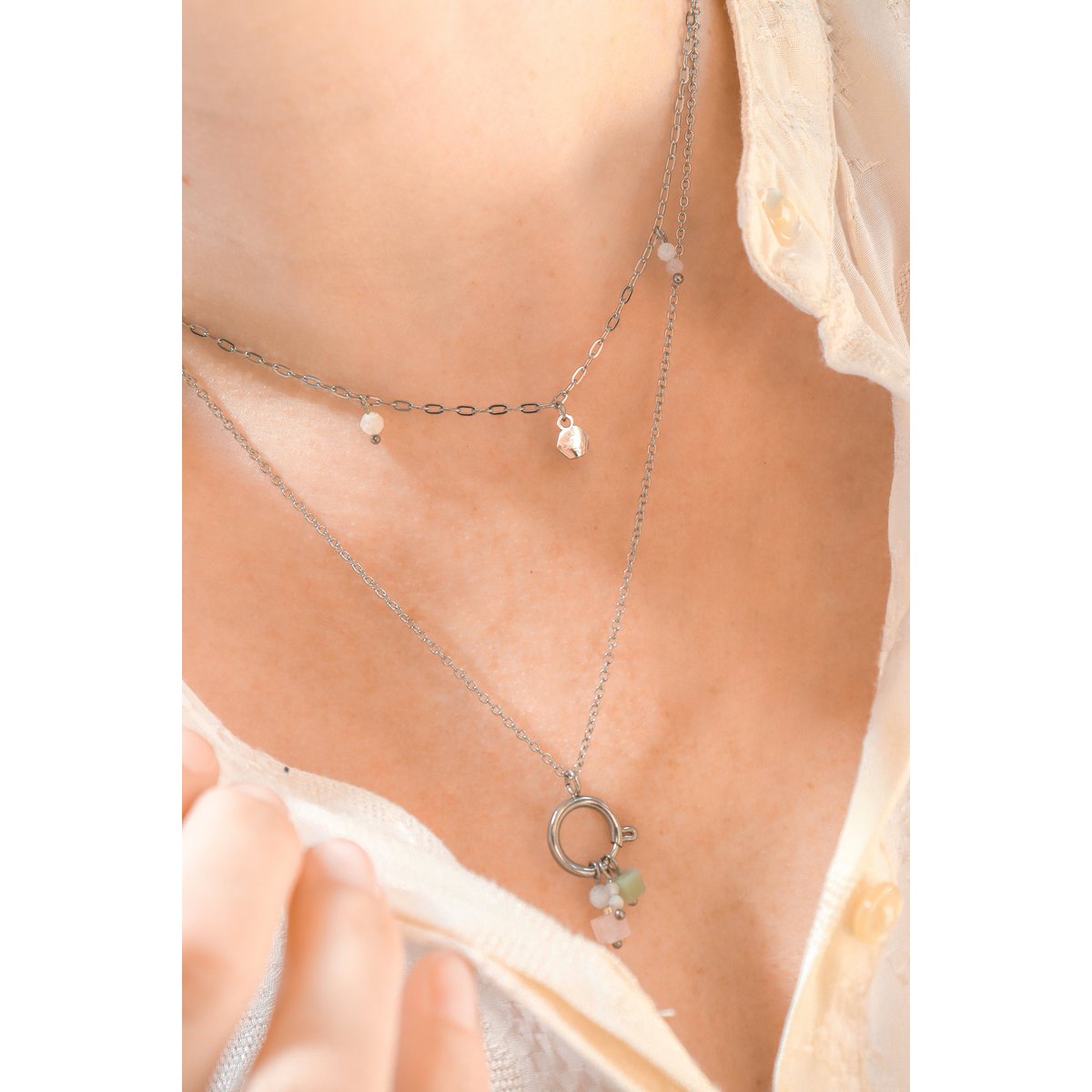Roze Opaal, Kunziet & Vlindertjes Ketting - Zilver