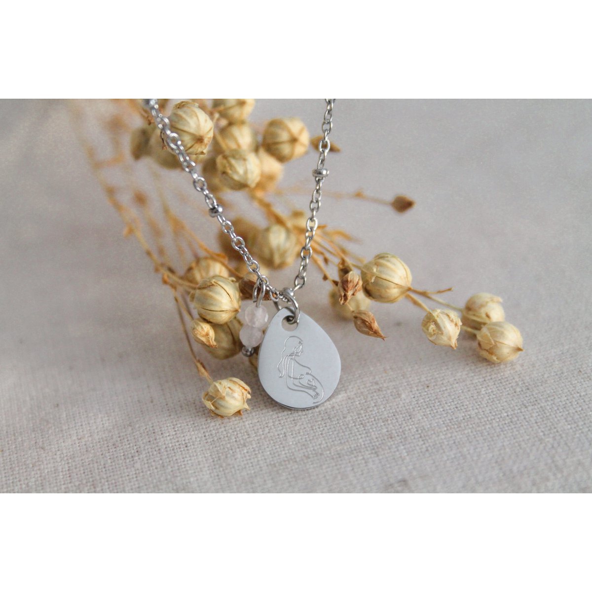 Ketting Zwangere Vrouw & Rozenkwarts - Zilver