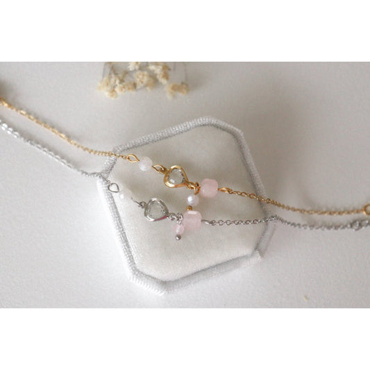 Kristal Hart, Maansteen & Rozenkwarts Armband - Zilver