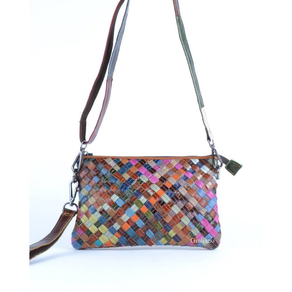 Lederen clutch/schoudertas | Multicolor gevlochten | 552680