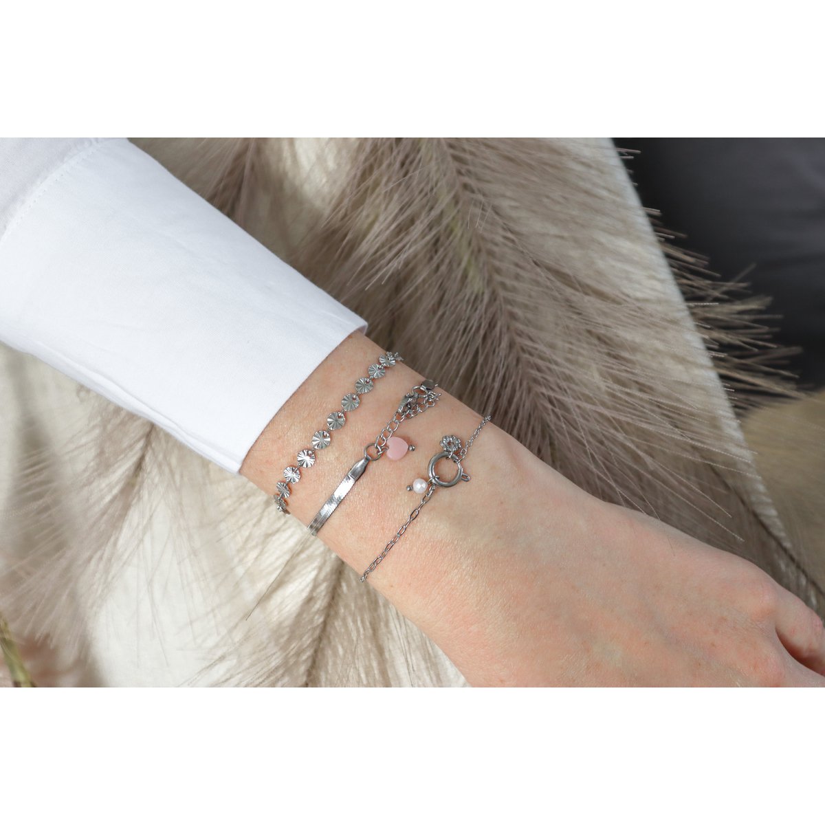 Snake Chain Armbandje & Roze Opaal - Zilver