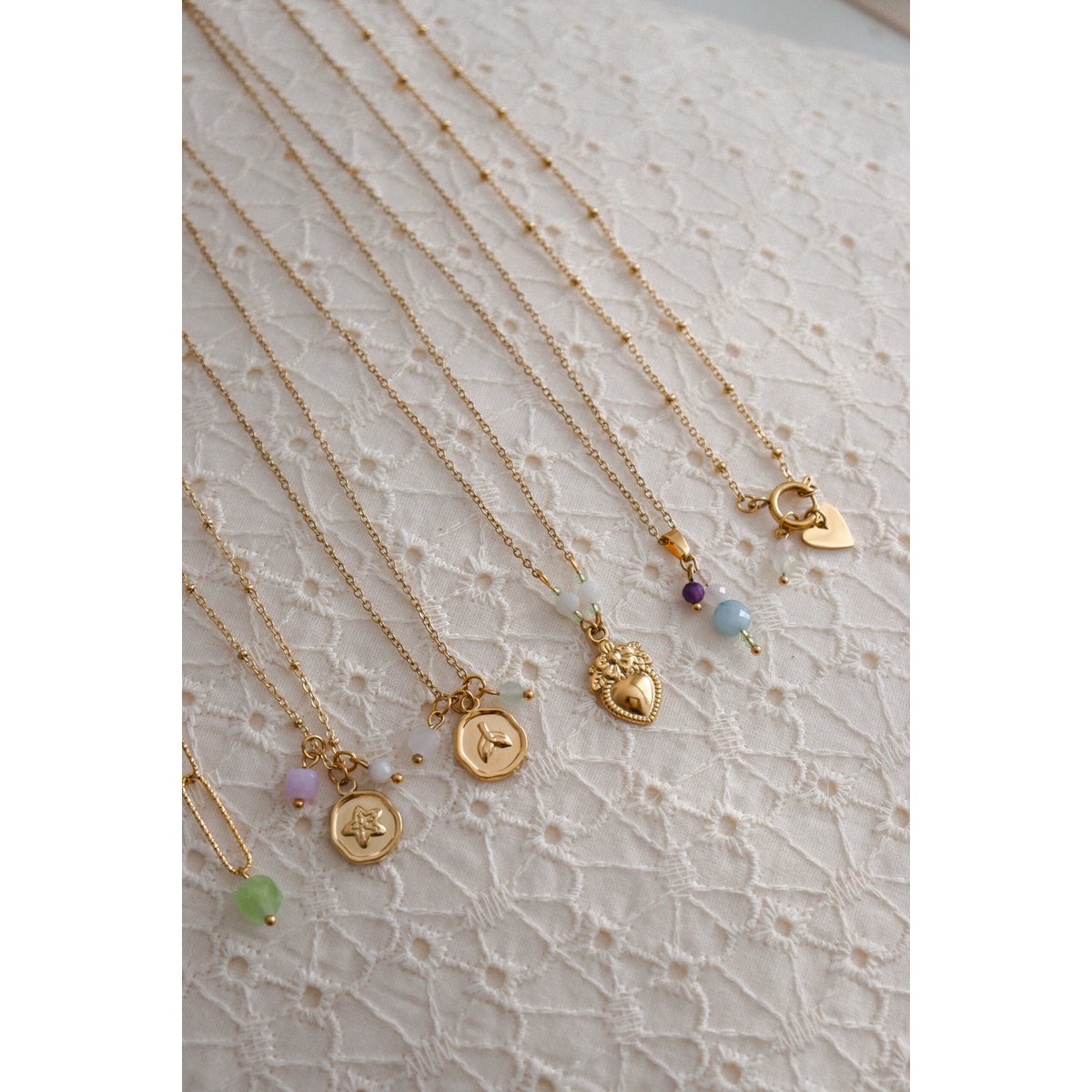 Vintage Hart & Maansteen Ketting - Goud
