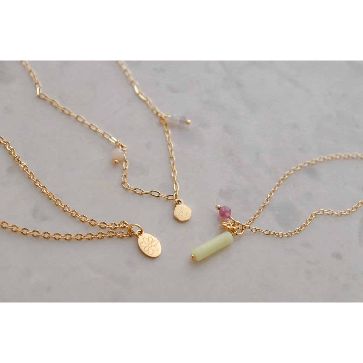 Roze Opaal, Kunziet & Vlindertjes Ketting - Goud
