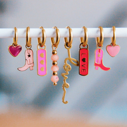 RVS oorbellen met hartje tag - roze/goud