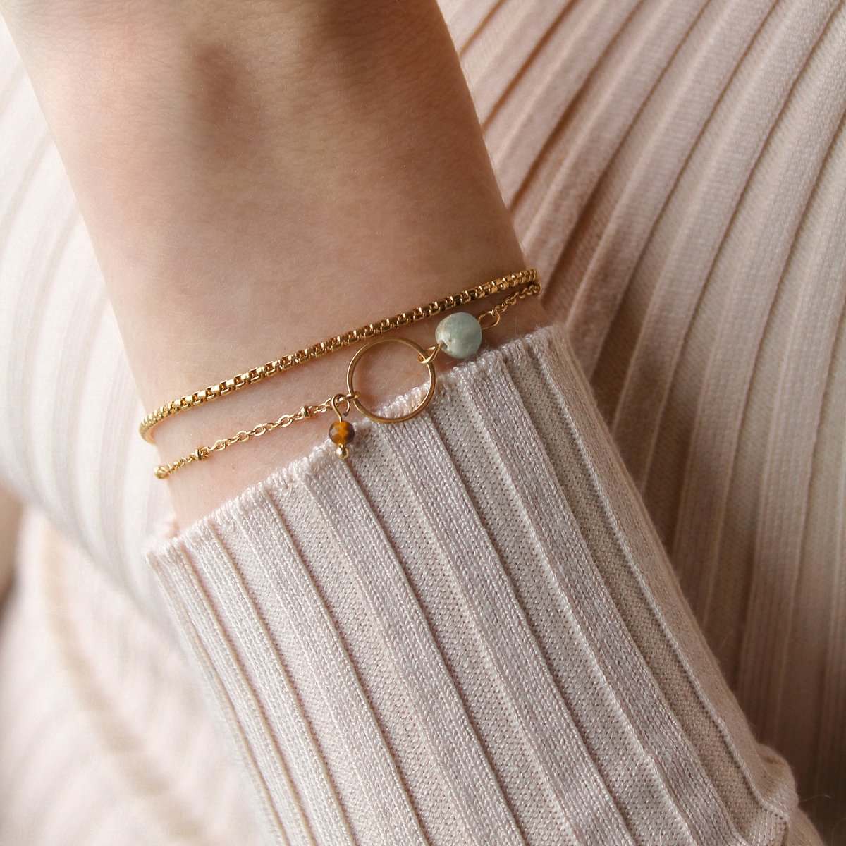 Armband Amazoniet & Tijgeroog Ring - Goud