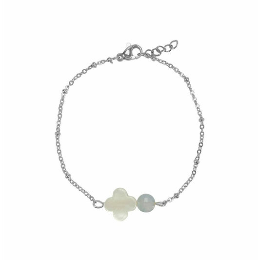 Armbandje Schelp Klaver & Aquamarijn - Zilver